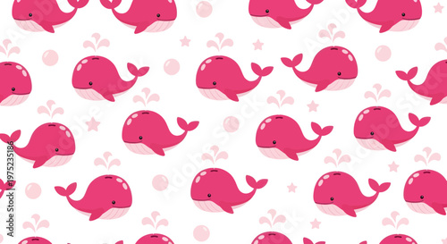 Cute Pink Whale Pattern Seamless Background, Cartoon Ocean Animal Vector Illustration
