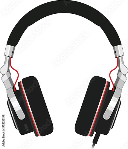 Black and silver wired headphones with red accents in modern minimalistic style for music and technology on transparent background