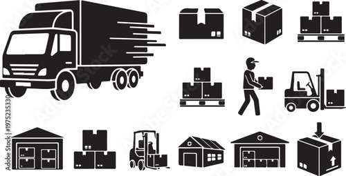 Logistics and transportation icons in black and white style