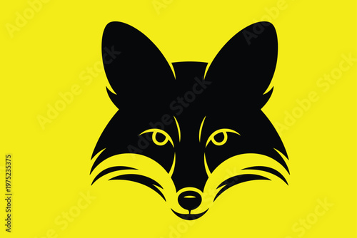 Minimalist black fox head icon a bright yellow background