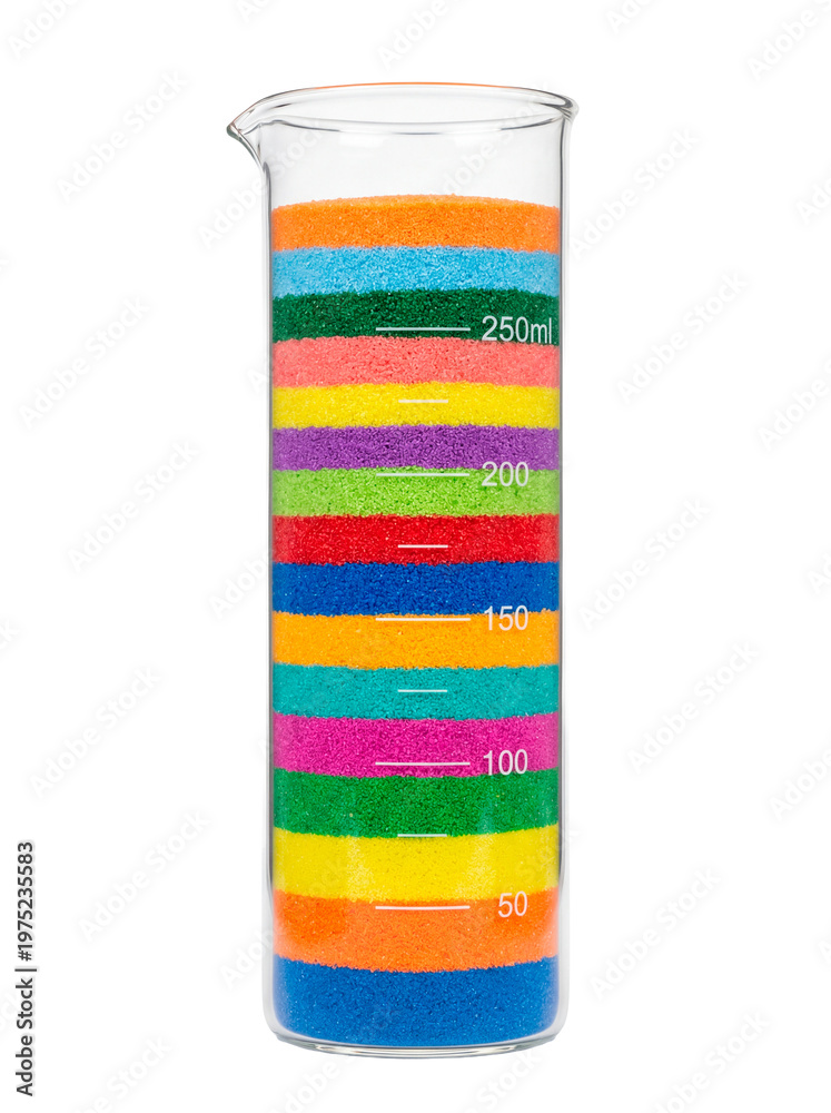 Fototapeta premium A colorful scientific measuring cylinder filled with layers of rainbow sand. The cylinder displays numerical markings