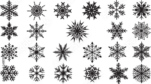 Collection of unique black snowflakes on white background illustration
