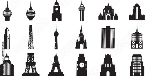 City skylines and famous landmarks in black silhouette style