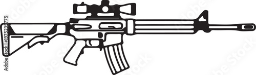 Detailed black and white vector silhouette graphic of a modern assault rifle with a scope
