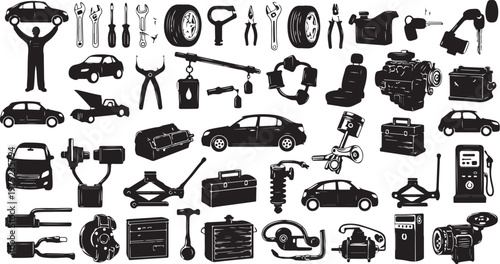 Black and white car repair tools and vehicles icons