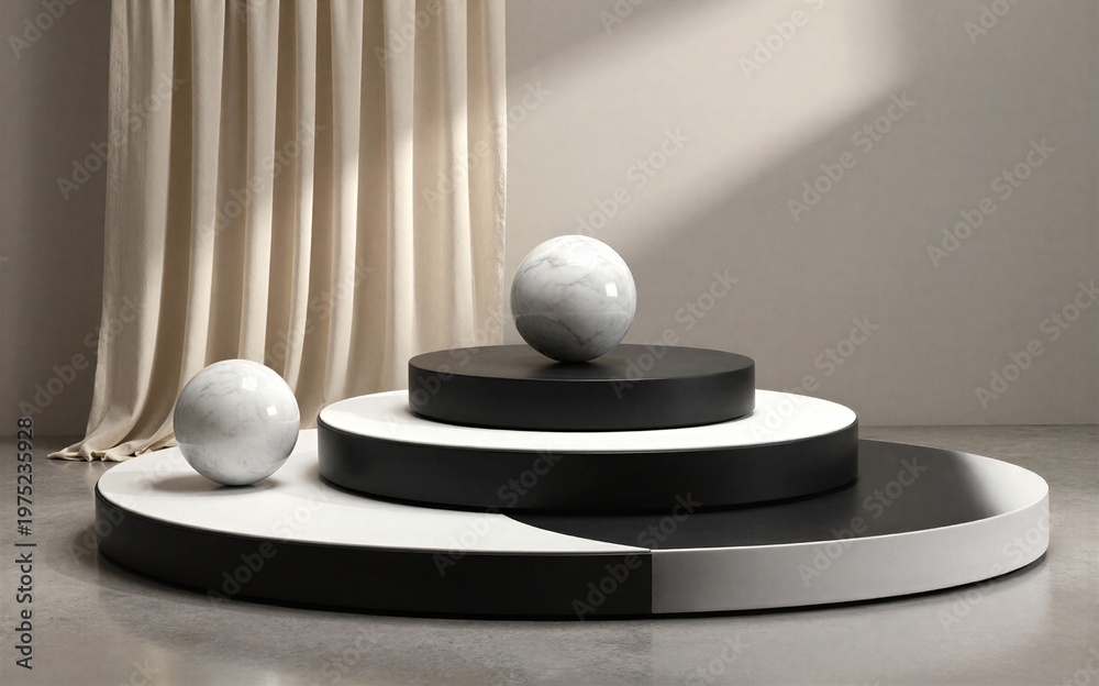 Naklejka premium Minimalist display of marble spheres on tiered black-white platform