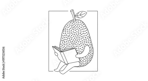 Cute Jackfruit Character Reading a Book, Vector Illustration, Black and White Outline