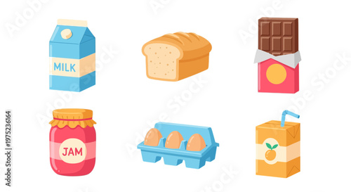 Flat design food and grocery icon set with milk, bread, chocolate, jam, eggs, and orange juice box isolated on white background.