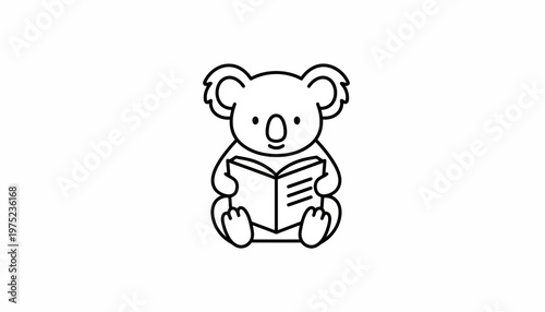 Cute Koala Reading a Book, Black and White Line Art Illustration