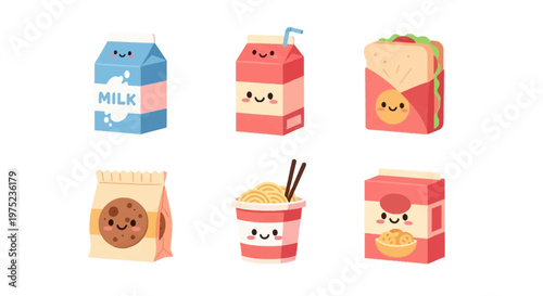 Cute Kawaii Food and Drink Character Set, Mascot Illustration of Milk Carton, Noodles, and Snacks, Flat Vector Emoji Food Packaging.