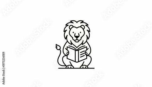 Cute lion reading a book, cartoon style, educational concept, knowledge symbol
