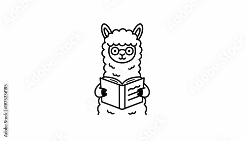 Cute Llama Reading a Book with Glasses, Cartoon Style, Black and White