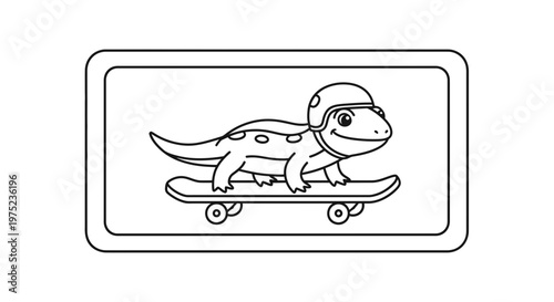 Cute Lizard Character Riding Skateboard with Helmet, Cartoon Style