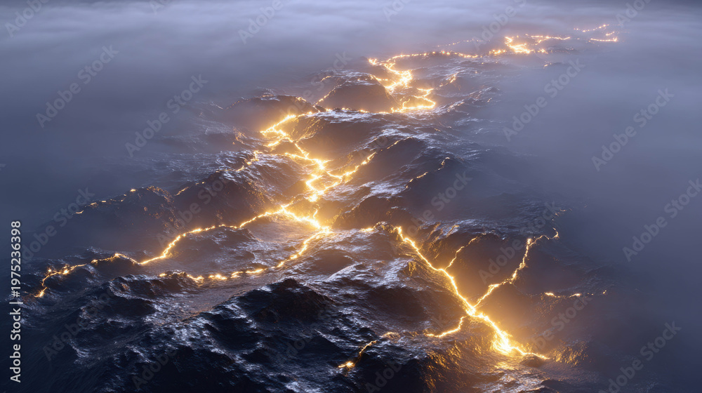 Fototapeta premium A breathtaking aerial view of a vibrant lightning storm cutting across a sea. The scene captures the raw power and beauty of nature in its electric display