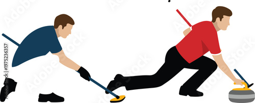 Minimalist vector illustration of two men playing curling together on ice with brooms in action