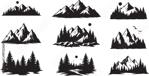 Mountain and Pine Tree Silhouette Vector Graphic Illustrations