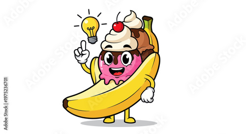 Funny Banana Split Ice Cream Character with Lightbulb Idea
