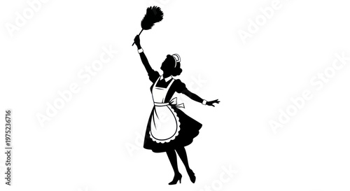 Maid Silhouette Dancing with Feather Duster, Cleaning Service Concept
