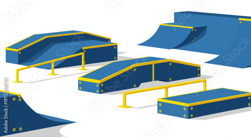 Skatepark Obstacles Set: Ramps, Rails, Boxes - Blue and Yellow