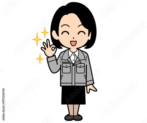 OKサインを出すワンカールボブの事務員の女性