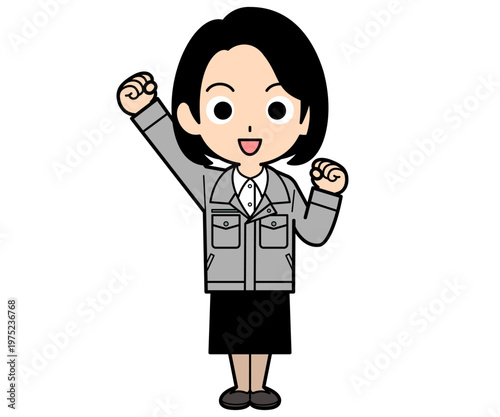 ガッツポーズをするワンカールボブの事務員の女性