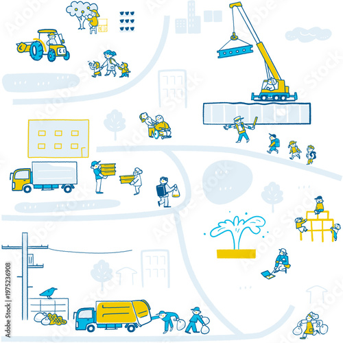 循環する生活インフラと繋がり合うブルーワーカー・エッセンシャルワーカーの社会ネットワーク 暮らしを支える鳥瞰マップ 手書きベクターイラスト
