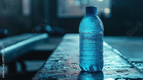 Bottle of water, condensation, on wooden surface with dark blurry background
