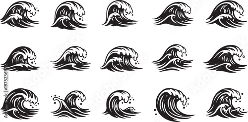 Collection of various wave icons in black and white