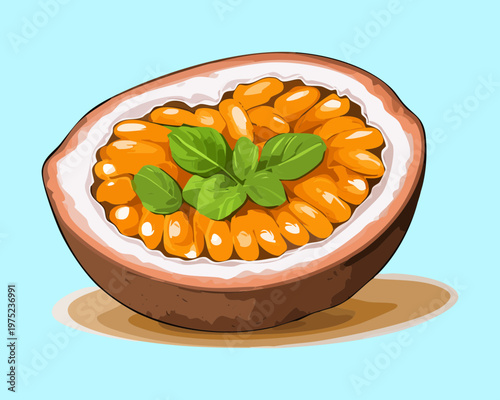 Passion fruit cut in half showing golden pulp and green leaf for exotic tropical juice and summer dessert - Vector Illustration