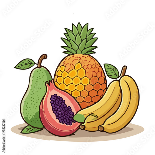 Pineapple banana and pear collection for tropical farm harvest and healthy organic fruit salad recipes for summer - Vector Illustration
