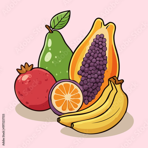 Papaya banana and pear for exotic tropical fruit platter and healthy organic dietary choices for nutrition and wellness - Vector Illustration
