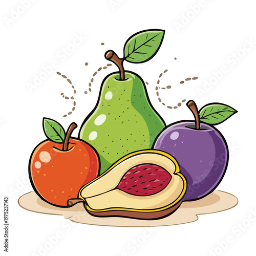 Fresh plum apple and pear for healthy organic snack and autumn fruit harvest theme for dietary fiber intake - Vector Illustration