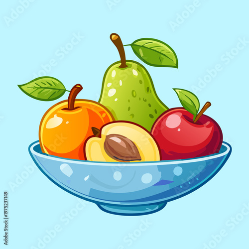 Blue bowl with pear plum and peach for elegant fruit display and healthy organic snack lifestyle choices today - Vector Illustration