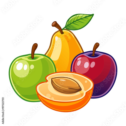 Mixed fruit plate with peach pear and apple for healthy organic breakfast and daily vitamin rich snack options - Vector Illustration