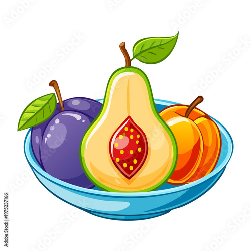 Fruit bowl with pear peach and plum for refreshing healthy organic snack and tropical summer dessert ideas collection - Vector Illustration