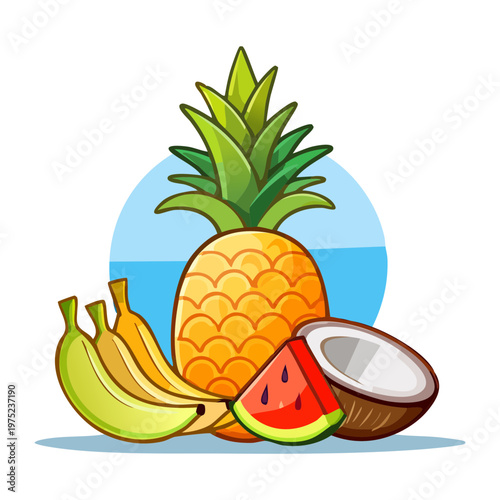 Tropical pineapple banana and coconut for summer beach party and healthy organic fruit juice ingredients collection - Vector Illustration