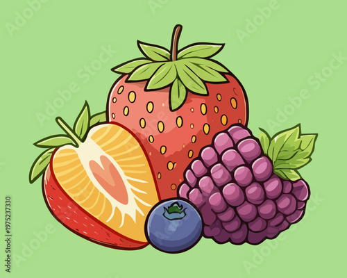 Strawberry and blueberry mix for healthy organic antioxidant snack and summer berry fruit salad dessert preparation - Vector Illustration
