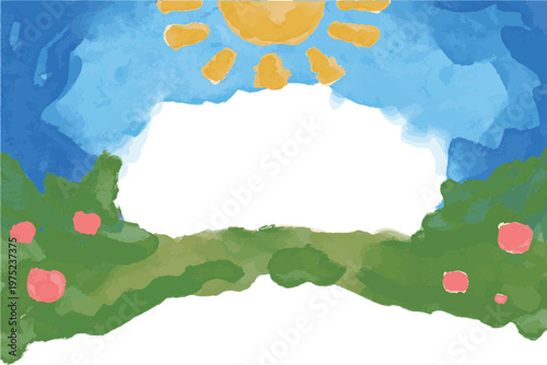 わんぱく水彩シリーズ 幼稚園・保育園向け 空と太陽と草むらのヘッダー背景 ビビッド