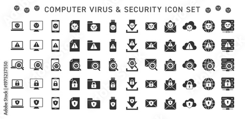 コンピューターウイルス＆セキュリティアイコンセット（塗り）マルウェア・感染・保護・ロック・警告