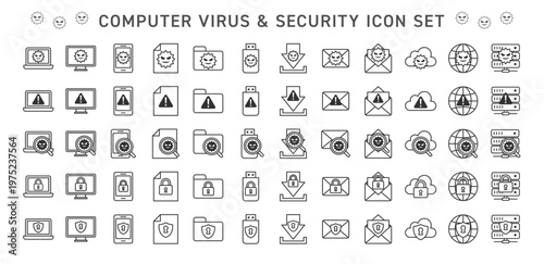 コンピューターウイルス＆セキュリティアイコンセット（線画）マルウェア・感染・保護・ロック・警告