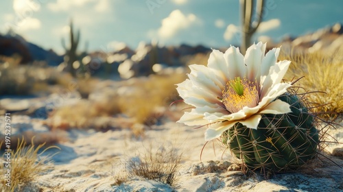 Close-up of a blooming cactus with large white petals in a desert landscape