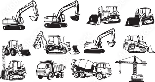 Construction vehicles and equipment illustrations in black and white