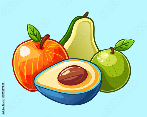 Pear red apple and avocado for healthy organic snack and balanced fruit nutrition for daily dietary wellness - Vector Illustration