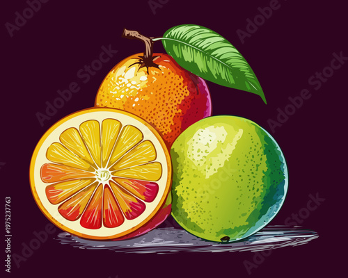 Mixed citrus fruits on dark background for dramatic organic vitamin C rich snack art and healthy lifestyle - Vector Illustration