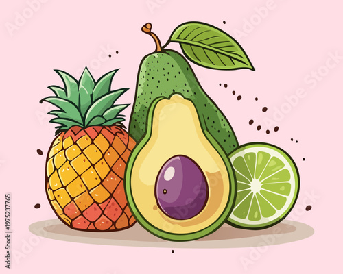 Pineapple and avocado with lemon for exotic tropical fruit mix and healthy organic vitamin rich snack ideas - Vector Illustration