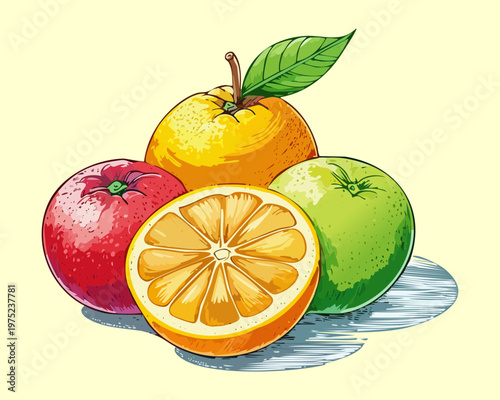 Citrus fruit collection with orange and lime for refreshing healthy organic juice and summer vitamin rich snacks - Vector Illustration