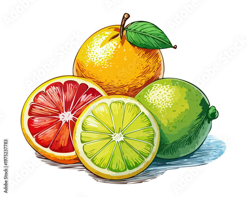 Group of citrus fruits including orange lime and grapefruit for healthy organic vitamin C rich juice ingredients - Vector Illustration