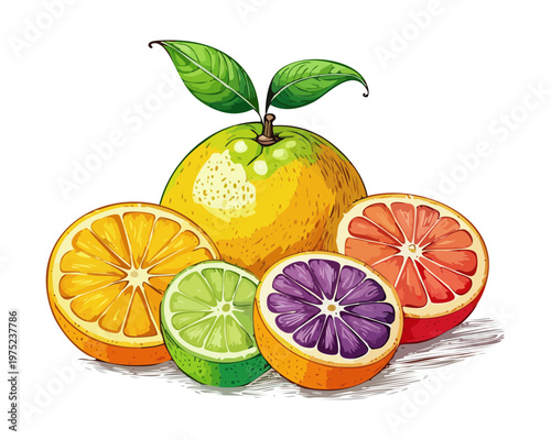 Assorted citrus fruits for healthy organic vitamin boost and refreshing summer fruit juice preparation for daily diet - Vector Illustration