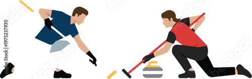 Minimalist vector illustration of two men playing curling together on ice with brooms in action