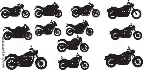 Collection of various motorcycle silhouettes on white background